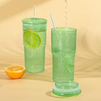 20 OZ Glass Cup with Lids and Glass Straws, High Borosilicate Iced Coffee Glass Tumblers with Lid and Straw for Drinks, 2pcs Reusable Wide Mouth Smoothie Cup(Green)