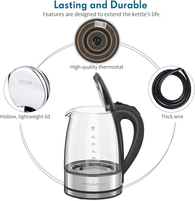 MegaWise Electric Kettle, 1.8L Borosilicate Glass Tea Kettle with LED Light, Auto Shut-Off and Boil-Dry Protection Cordless Kettle Fast Boiling