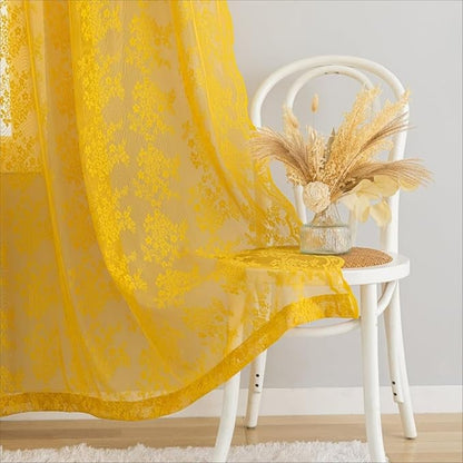 YJ YANJUN Vintage Lace Curtains 72 Inches Long-Victorian Floral Pattern Mustard - Image 3