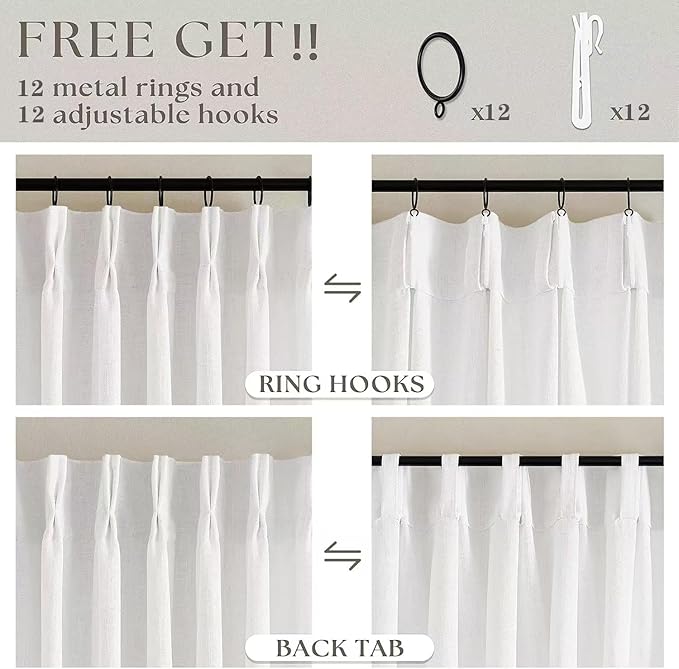 Beige White Pinch Pleat Semi Sheer Linen Curtain W70xL90 1 Panel | Light - Image 4