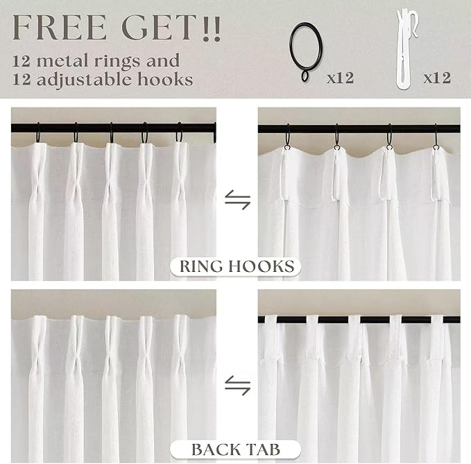 Beige White Pinch Pleat Semi Sheer Linen Curtain W70xL120 1 Panel | Light - Image 4