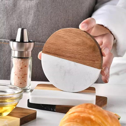 I-LAN 4-Pack Marble and Acacia Wood Coasters, 4-Inch Round Natural Wood Drink - Image 6