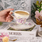 KAMMAK Tea Cups and Saucers Set of 2, Reinforced Porcelain Coffee Cups, 7.4-Ounce Stackable Espresso Mugs, Ceramic Demitasse for Coffee, Cappuccino, Latte, Americano, Tea, Lilac + Colorful
