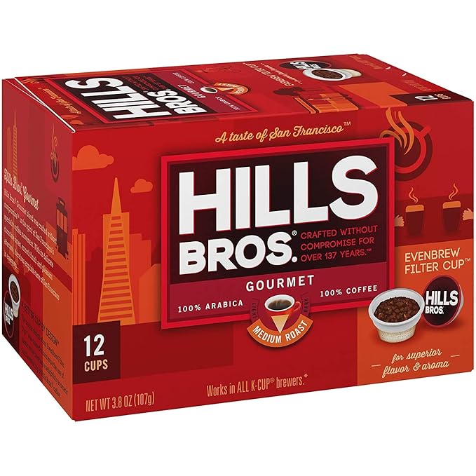 Hills Bros Single Serve Coffee Pods,Gourmet, Medium Roast, 12 Count-Keurig Compatible, Roasted Arabica Coffee, Smooth, Balanced Coffee, Subtle Chocolate Flavor