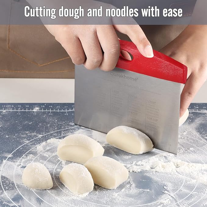 Ourokhome Dough Pastry Bench Cutter Scraper, Stainless Steel Pizza Cutter for Kitchen Baking, Dishwasher Safe, Anti-Wear Laser-Engraved Measuring Scale and Conversion Chart, 2 Pack, Red