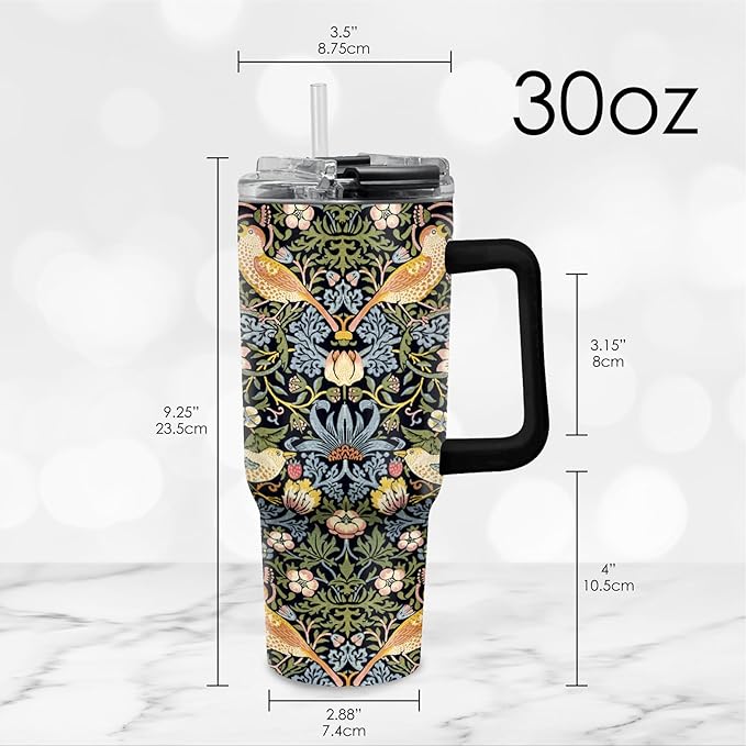RainCaper 18/8 Stainless Steel Insulated Water Tumbler with Straw | 30oz, BPA-Free, Double Wall for Hot & Cold | Travel-Friendly, Cup Holder Ready (William Morris Morris Strawberry Thief)