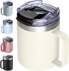 ALOUFEA 12oz Insulated Coffee Mug Cup with Handle, Stainless Steel Travel Coffee Mug with Flip Lid, Double Wall Vacuum Coffee Tumbler, Cream