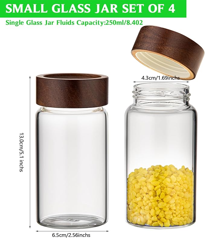 Large Glass Coffee Jars, Round Storage Canister with Wooden Lid Clear Glass Food Jar for Pantry Sugar Tea Coffee Bean Spice Nuts Cookies Bath Salts (4×250ml(8.4oz))