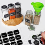 CycleMore 48 Pack 4oz Glass Spice Jars Bottles, Square Spice Containers with Silver Metal Caps and Pour/Sift Shaker Lid-80pcs Black Labels,1pcs Silicone Collapsible Funnel and 2pcs Brush Included