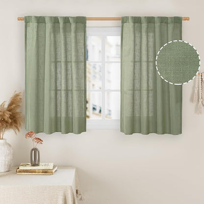 Kitchen Window Linen Curtains 40 Inch Length 2 Panels, Sage Green | Semi Sheer by LAMIT