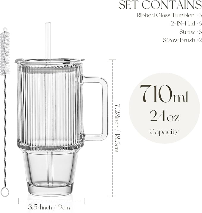 KEMORELA 6-Pack 24oz Glass Cups with Lids and Straws, Ribbed Textured Tumblers with Handle, Reusable Clear Drinking Glasses for Iced Coffee, Bubble Tea, Dishwasher Safe, Drinkware Set