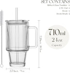 KEMORELA 6-Pack 24oz Glass Cups with Lids and Straws, Ribbed Textured Tumblers with Handle, Reusable Clear Drinking Glasses for Iced Coffee, Bubble Tea, Dishwasher Safe, Drinkware Set