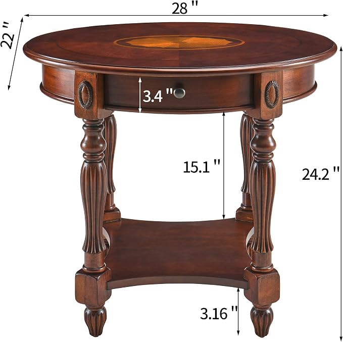 Solid Wood End Table with Drawer, Oval Sofa Side Table, Storage Shelf, Living - Image 3