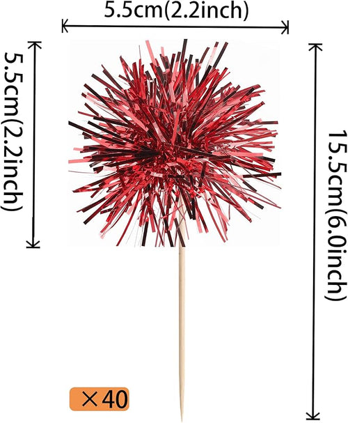 40 PCS Foil Firework Cupcake Toppers Sparkle Tinsel Cupcakae Picks Sparkler Fireworks Party Decorations Cocktail Fruit Toothpick for Birthday Wedding Graduation Party Decorations Supplies Red