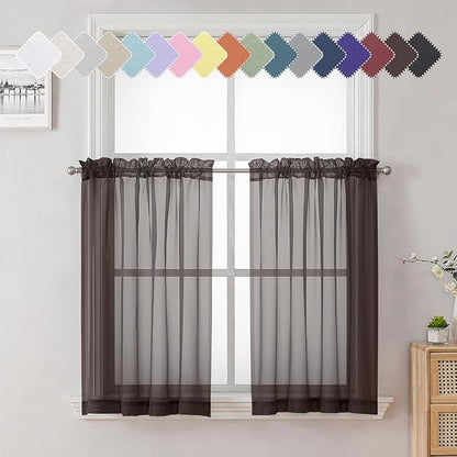 Chocolate Sheer Curtains 36 Inch Length 2 Panels, Solid Voile Small Window by Lecloud