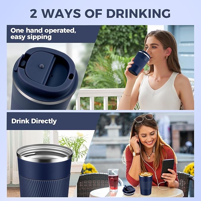 Volhoply 13 oz Stainless Steel Insulated Travel Coffee Mug with Fip Lid,Reusable Double Wall Vacuum Metal Coffee Cup,Portable to Go Leak Proof Cafe Thermal Tumbler for Hot & Cold Drinks(Navy,1)
