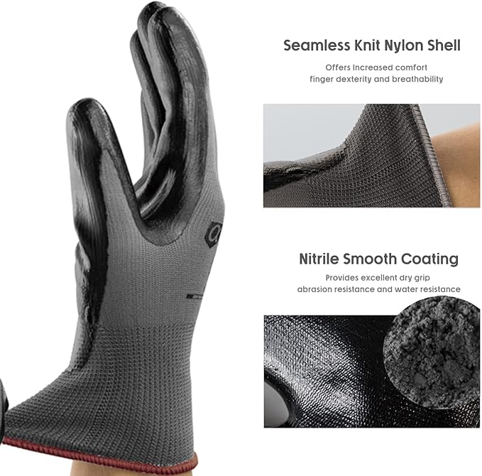 ANDANDA 12 Pairs Work Gloves, Smart Touch, 3D Comfort Stretch Fit, Nitrile Coated Work Gloves with Grip, Seamless Knit Nylon Work Gloves Men Suitable for Warehousing, Logistics, Handling, Black（M）