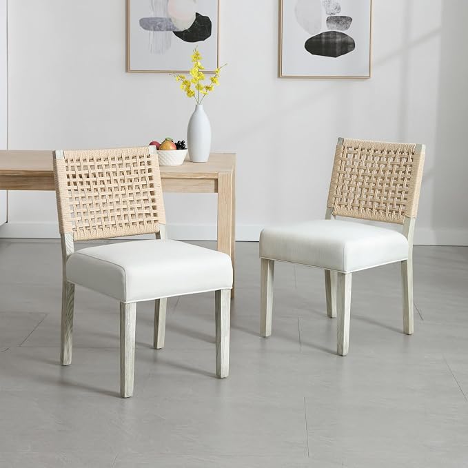 LZAREAL Farmhouse Dining Chairs Set of 2 Linen Fabric Upholstered Accent Side - Image 3