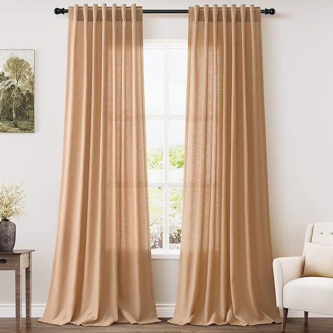 Extra Long Camel Linen Curtain 108 Inches Long 2 Panels Set Back Tab Drapes by Nanspring