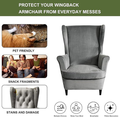 HAOYONG Velvet Wingback Armchair Covers 2-Piece Elastic Stretch Wingback Chair - Image 5