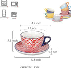 Selamica Ceramic 8 oz Cappuccino Cup Set with Saucers, Espresso Coffee Cups, Latte Macchiato for Party Cafe Home, Set of 6, Assorted Colors