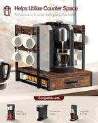 Coffee Pod Drawer Compatible with Nespresso Original Line, 63 Pods Coffee Organizer with Cup Holder, Durable Coffee Maker Stand with Storage Drawer, Rustic Brown