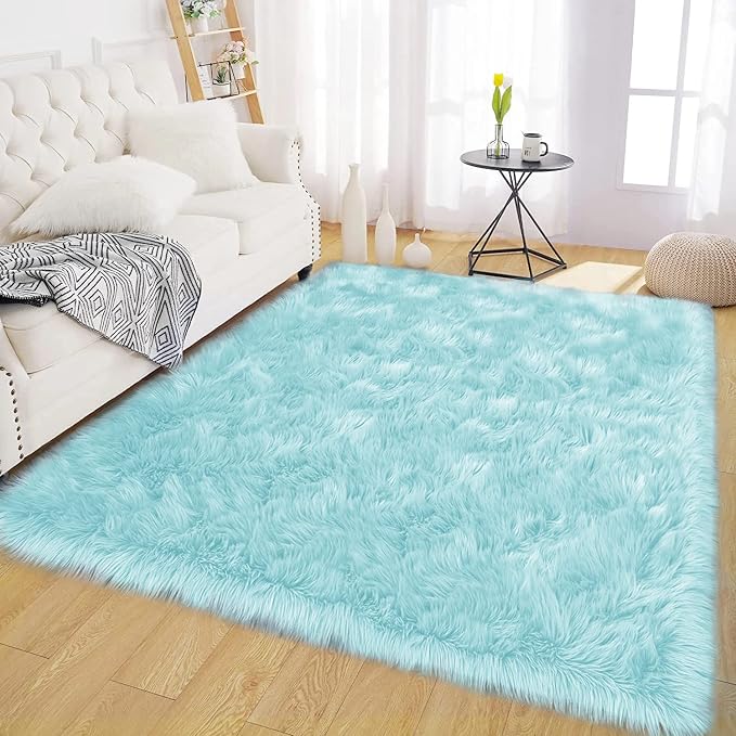 Latepis Light Blue Area Rug 6x9 Faux Fur Teal Rugs - Image 7