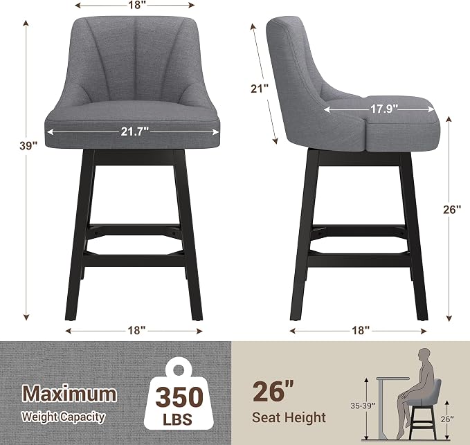 YaFiti Swivel Bar Stools Set of 2, 26 Inch Counter Height Bar Stools - Image 2