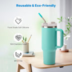 2 Pcs Stainless Steel Straw with Silicone Tips for 30 oz Stanley Tumbler, Repeatable 30 oz Metal Straws for Stanley Adventure Quencher Travel Tumbler Cup, BPA Free（Light Green）