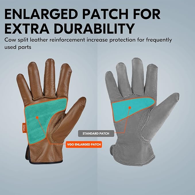 Vgo... 1-Pair Unlined Safety Cow Grain Leather Work Gloves Men, Rigger Gloves, Builder Gloves, Water Resistant, Palm Patched (Size L, Brown, CA9597WP)