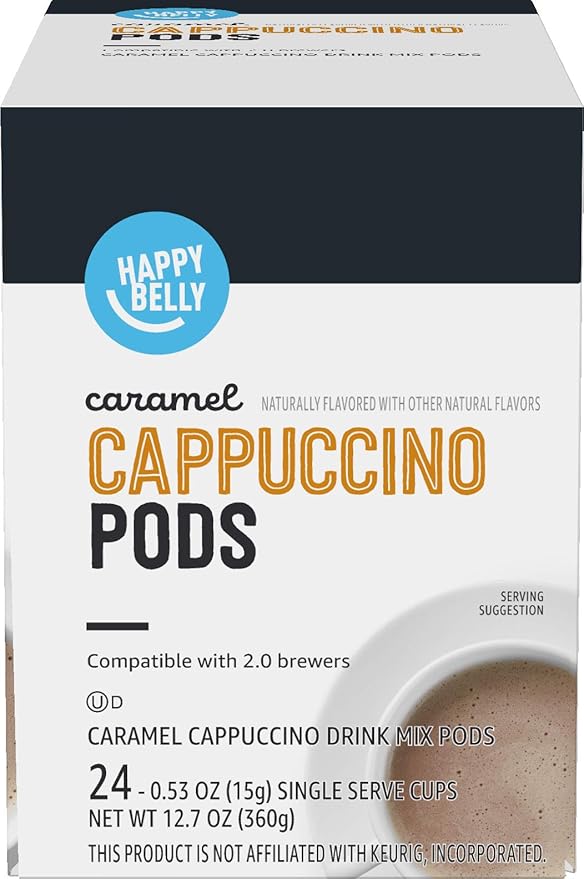 Amazon Brand - Happy Belly Cappuccino Coffee Pods Compatible with K-Cup Brewers, Caramel Flavored, 24 Count (Pack of 2)