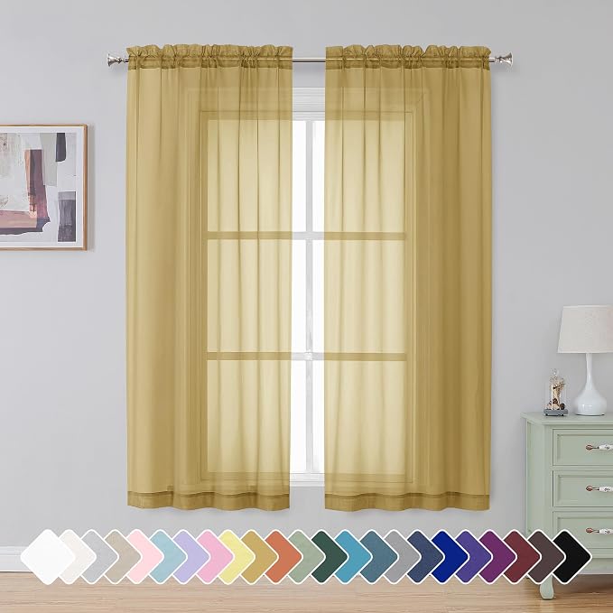 Simplebrand Gold Short Sheer Curtains 45 Inch Length by Simplebrand