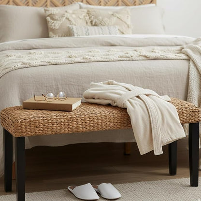 Entryway Bench with Solid Wood Acacia, Water Hyacinth Indoor Bench Seat - Image 4