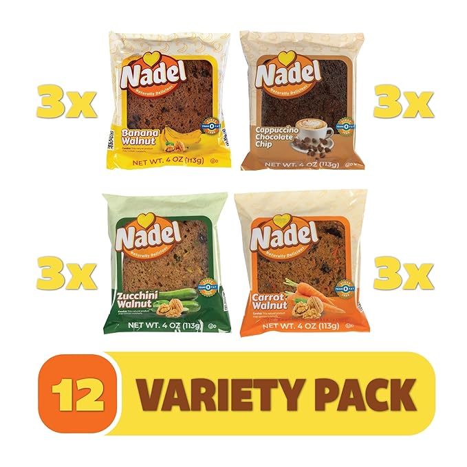 Nadel - Naturally Delicious Sweet Breads Variety Pack (Banana Walnut, Cappuccino Chocolate Chip, Carrot Walnut, Zucchini Walnut). (12 Pack, 3 Breads Per Flavor)