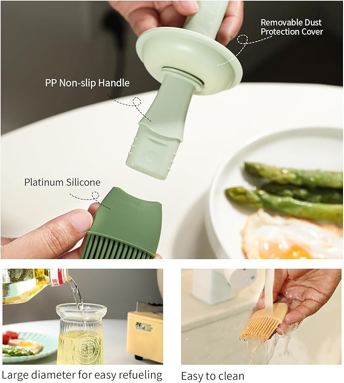 Oil Dispenser with Brush - Glass Olive Oil Dispenser for Kitchen, 3 IN 1 Oil Brush for Cooking with Bottle Silicone Basting Vinegar Sauce BBQ Grill Frying (Brown/Green)