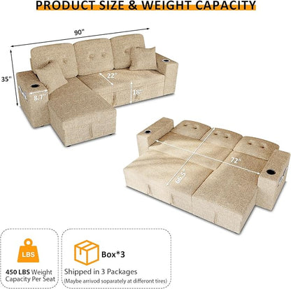 90 Inch Modular Sectional Sleeper Sofa Bed, 4 in 1 Pull Out Couch Bed - Image 3