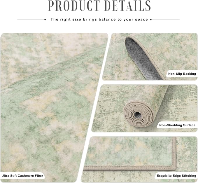 Area Rug Living Room: 5x5 Modern Washable Soft Carpet Green Cream | - Image 5