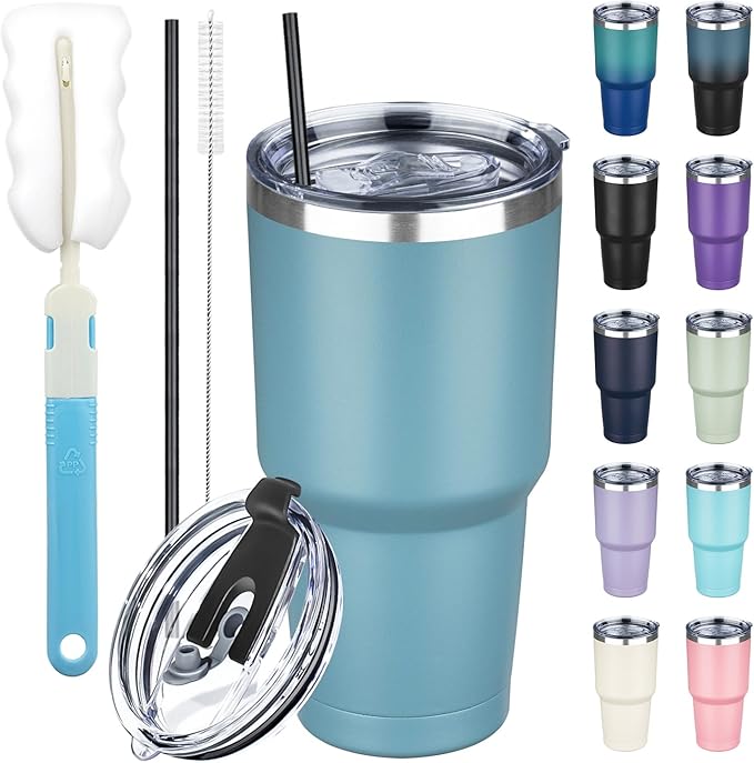 30 oz Tumbler with Lids and Straws, Stainless Steel Insulated Coffee Tumbler, Double Wall Vacuum Insulated Travel Mug Cup, Leakproof Thermal Coffee Cup for Hot and Cold Drinks (Azure Blue)