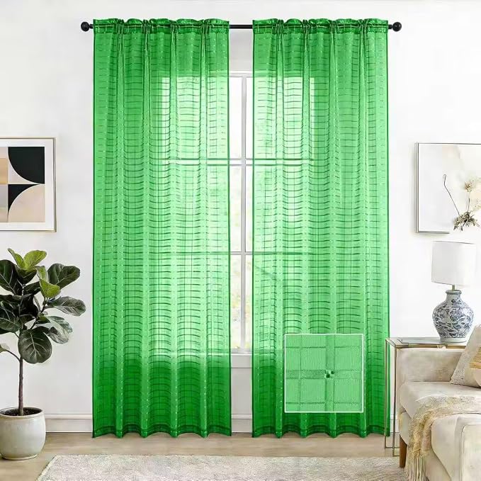 SpaceDresser Check Sheer Curtains 54 Inches 2 Panels Set, Rod Pocket Plaid by SpaceDresser