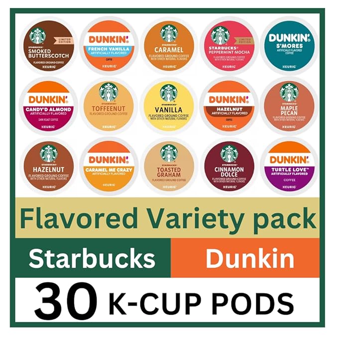 30 Count -- Flavored Starbucks & Dunkin Variety Pack Coffee Pods K Cup Sampler – Starbucks - Hazelnut, Cinnamon Dolce, Maple Pecan, Smoked Butterscotch, Toasted Graham, Caramel, Vanilla & Toffeenut. Dunkin - Turtle Love, Candy'd Almond, Caramel Me Craz...