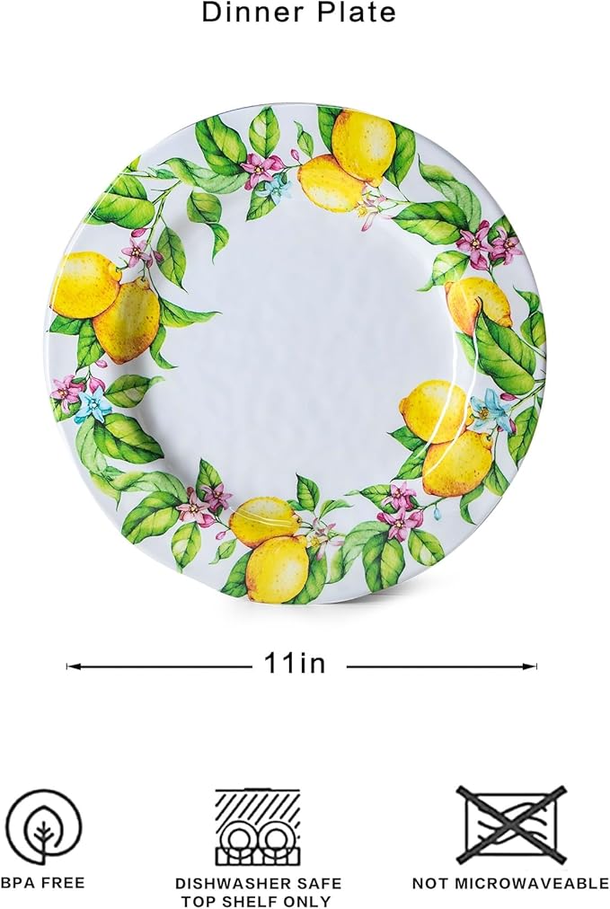 LEHAHA Melamine Dinner Plate Set of 6, 11” inch Lemon Plates Set, BPA Free, Lightweight and Break Resistant, Great for Parties, RVs, Picnic and Camping Trailer, Dishwasher Safe