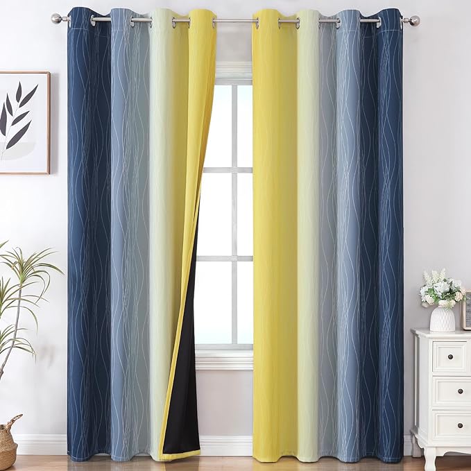 Navy Blue and Yellow Ombre Blackout Curtains by ESTELARTEXTILER