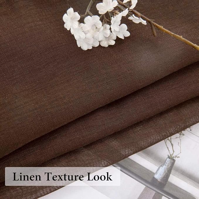 MIULEE Chocolate Brown Linen Textured Semi-Sheer Curtains 54W×90L 2 Panels | - Image 3