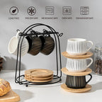 LUKA Ceramic Coffee Espresso Cups with Saucers Set with Metal Holder, 4 oz Porcelain Demitasse Cups For Espresso, Latte, Coffee, Cafe Mocha, Tea, Set of 6, Stripe White & Black