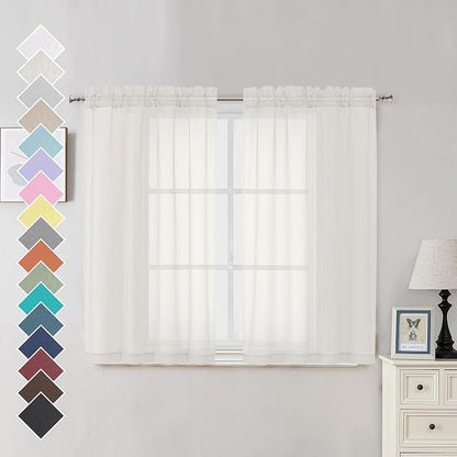Sheer Curtains Ivory 45 inches Long Kitchen Curtains, Rod Pocket Clean Selvedge by OVZME