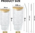 4 Pcs 11oz Drinking Glasses Cups Set with Bamboo Lids Straws Brush Small Embossed Glassware Set for Juice Iced Coffee Cocktail Whiskey(Begonia*4)