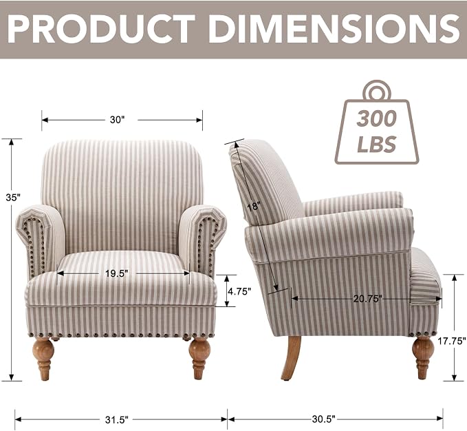 Khaki Striped Linen Fabric Accent Chair, Modern Farmhouse Upholstered Armchair - Image 2