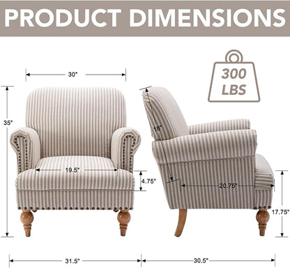 Khaki Striped Linen Fabric Accent Chairs Set of 2, Modern Farmhouse Upholstered - Image 2