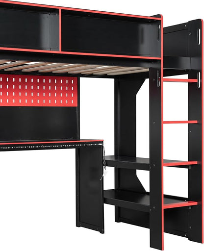 Modern Gaming Loft Bed with Built-in Desk, LED Lighting & Charging Hub –Twin - Image 6