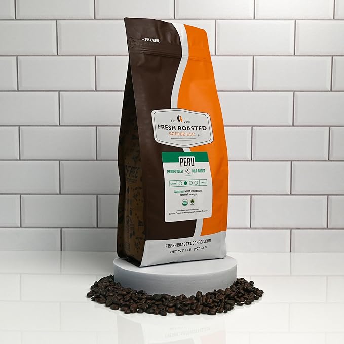 Fresh Roasted Coffee, Organic Peru | Mold & Myco 3rd Party Tested, USDA Organic, Kosher | Med Roast 2 lb (32 oz) Whole Bean